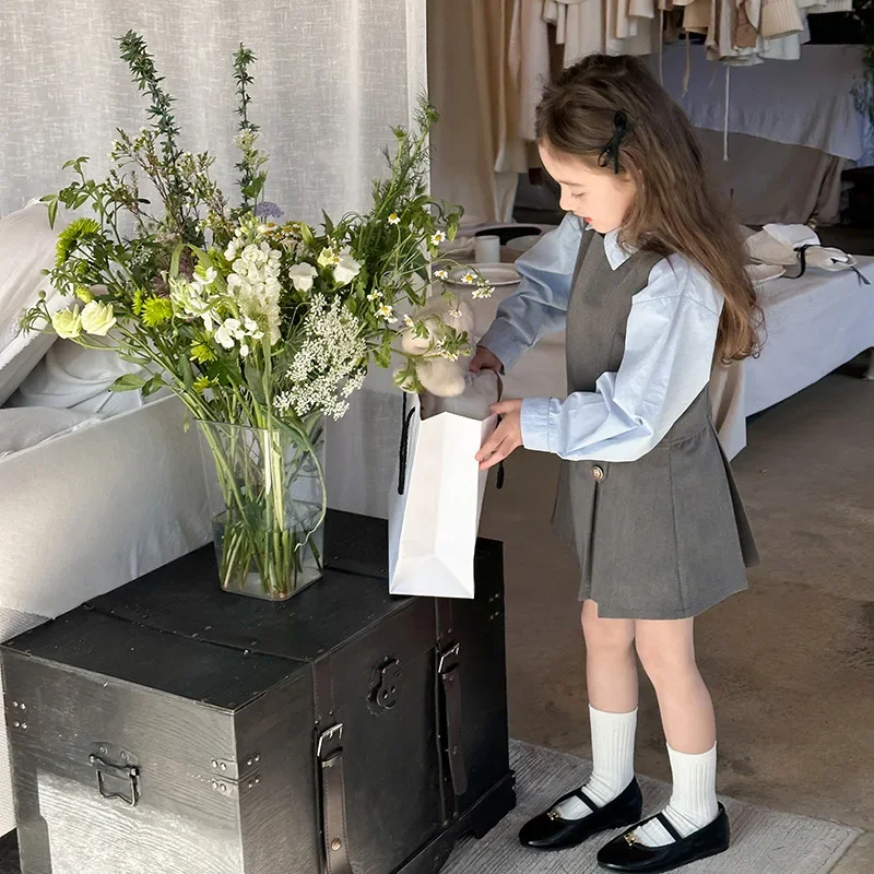 سترة فستان الربيع والخريف موضة كورية جديدة مزاجه نمط الكلية سترة فستان بلون قميص ملابس الاطفال