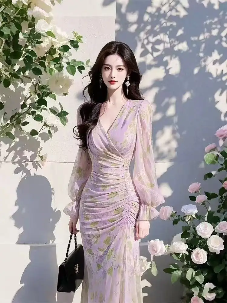 

Длинное шифоновое платье RAIN YAN LIN с V-образным вырезом и принтом, с длинными рукавами, завышенной талией, облегающее, для вечеринок