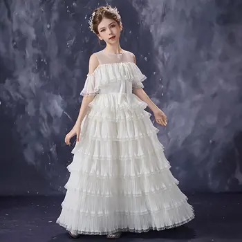 Sukienka dla dziewczynki Jill Wish D352 White Princess, warstwowa, z falbanami i kwiatami, na wesele, elegancka, z odkrytymi ramionami, tiulowa, długa suknia maxi.