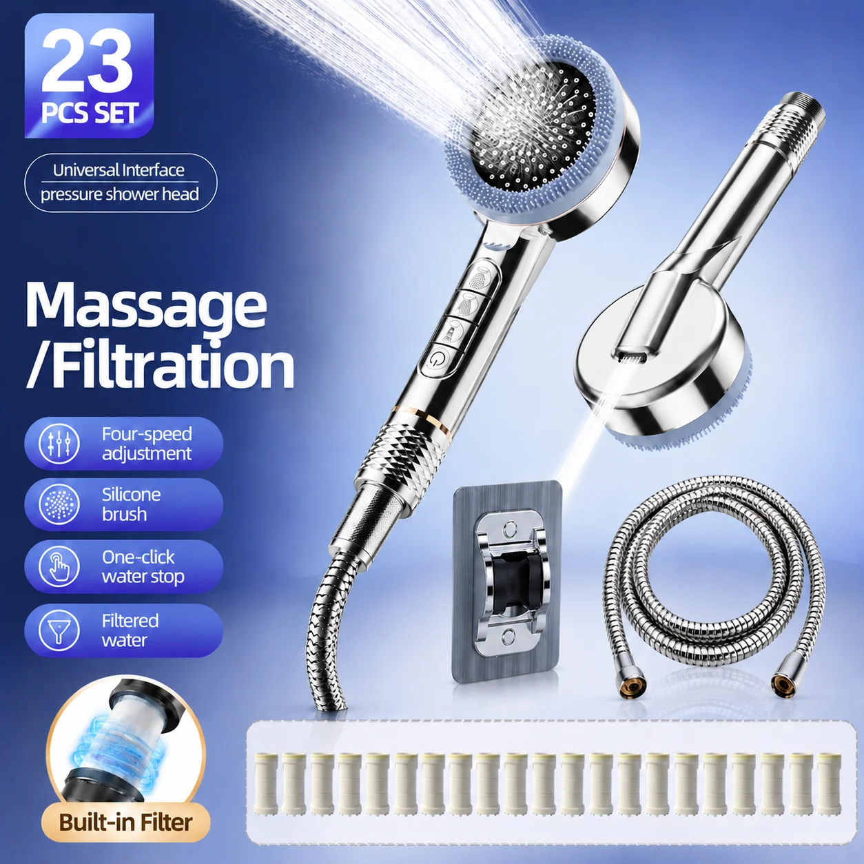 High Pressure Filter Shower Head 4 Spray Modes Massage Silicone Brush Water Stop Button Hose Wall Bracket 10/15/20 Filters