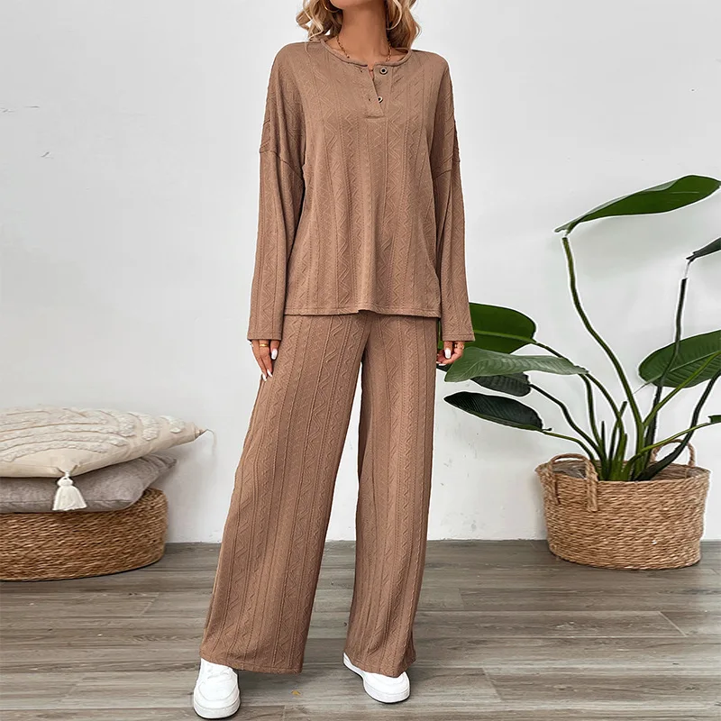 

Women's Autumn Casual Home Outerwear Set Solid Color Long Sleeved V-neck Top Paired With Loose Straight Leg Pants Two-piece Set