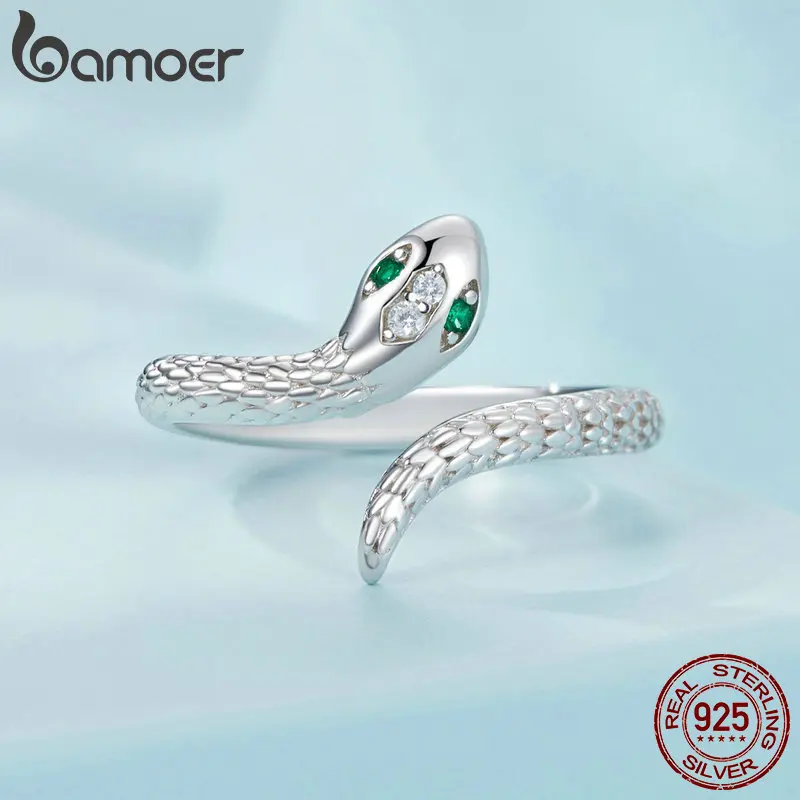 BAMOER 925 Sterling Silver Adjustable Snake Ring Platinum Plated Green Zircon Retro Textures Snake Ring Fashion Jewelry