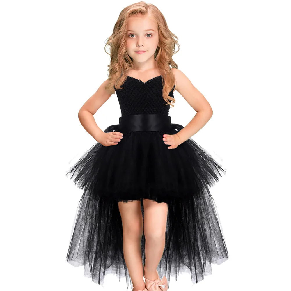 Girls Pink Black Tutu Dress V-neck Train Girl Evening Birthday Party Tulle Dresses Girl Ball Gown Dress Kids Halloween Costumes