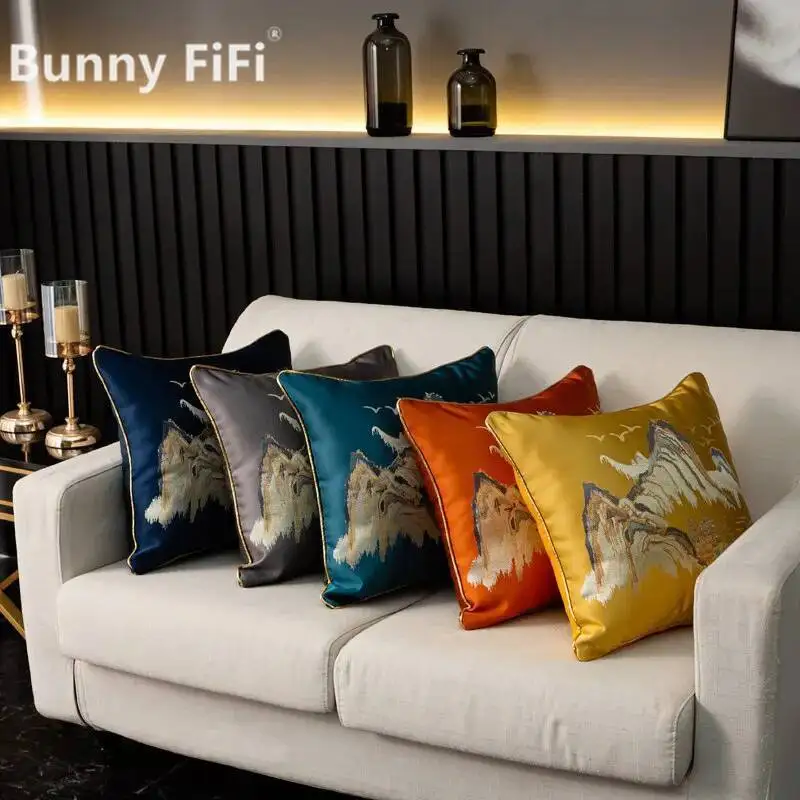 Splendid Mountains And Rivers Jacquard Cushion Cover Embroidered Luxury Home Decorative Pillowcase For Living Room Bedroom Decor