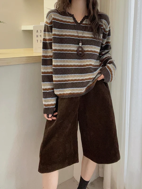 

Slimming V-Neck Striped Knitwear Casual Loose Fit Soft Knitted Sweater Spring New Style European Fashion round Neck for Women