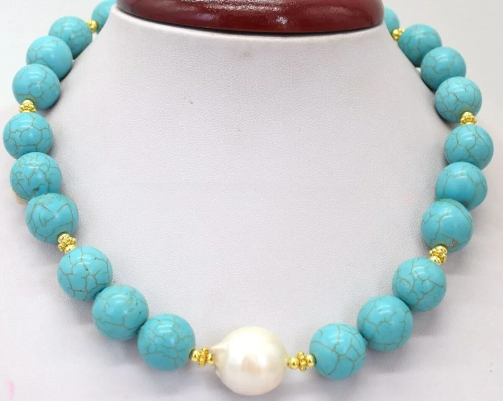 

Huge 14mm Natural Blue Turquoise Gemstone & White Baroque Pearl Necklace 20"