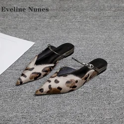 Horsehair Leopard Straight Strap Sandals Pointed Toe Flat with Shallow Slip On Mules Slingback Sexy Fashion Shoes 2024 Summer