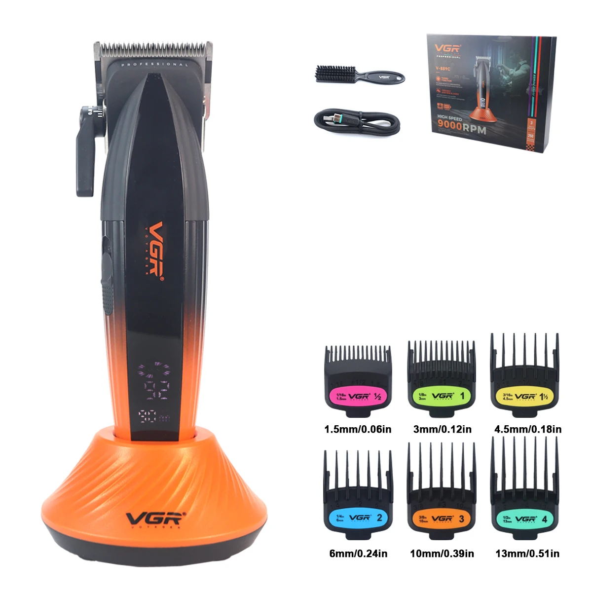 VGR V-889C Professionele Tondeuse Vervagen DLC Blade 9000 RPM 2 Snelheden Draadloos met Basislader Volledig Metalen LCD Kapsel Machine