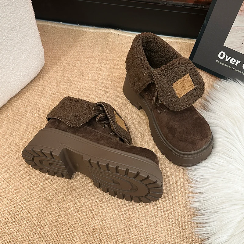 الفراء حذاء من الجلد المرأة عالية الكعب قصيرة أفخم أحذية قطنية دافئة 2025 موضة جديدة أحذية الثلوج الراحة الشتاء الدانتيل يصل Mujer بوتاس