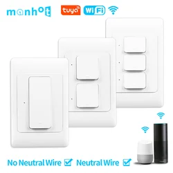 Tuya WIFI Smart Wall Light Switch US Push Button Interruptor Switches 110-240V Physical Lamp Switch Neutral Wire Optional