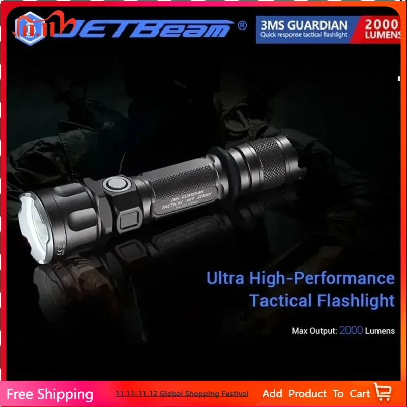 

JETBeam 3MS EDC LED Flashlight 2000 Lumens USB-C Rechargeable Water Resistant Black EDC Tactics Everyday Carry