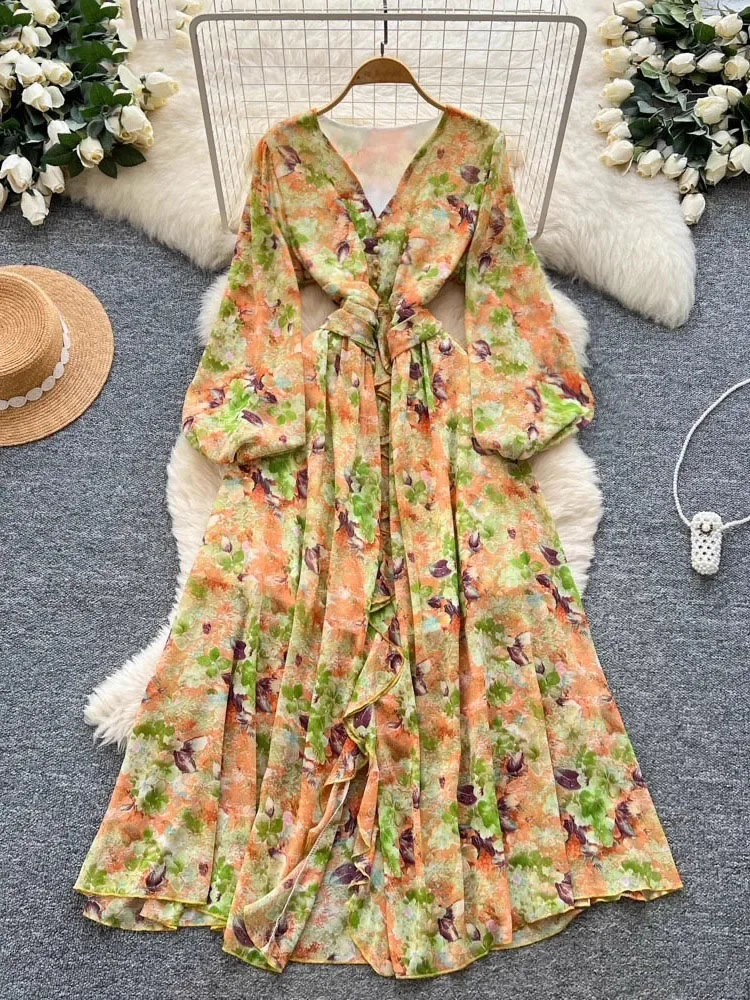 Vintage fleur automne robes femmes tempérament à volants Robe Femme 2025 robes De Mujer tunique a-ligne lanterne manches Maxi Robe