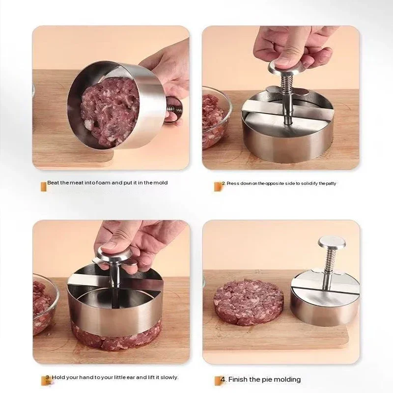 304 Stainless Steel Hamburger Meat Press Patty Maker Round Non-Stick Thickness Adjusted Outdoor Picnic Kitchen Beef Rice BBQ Too