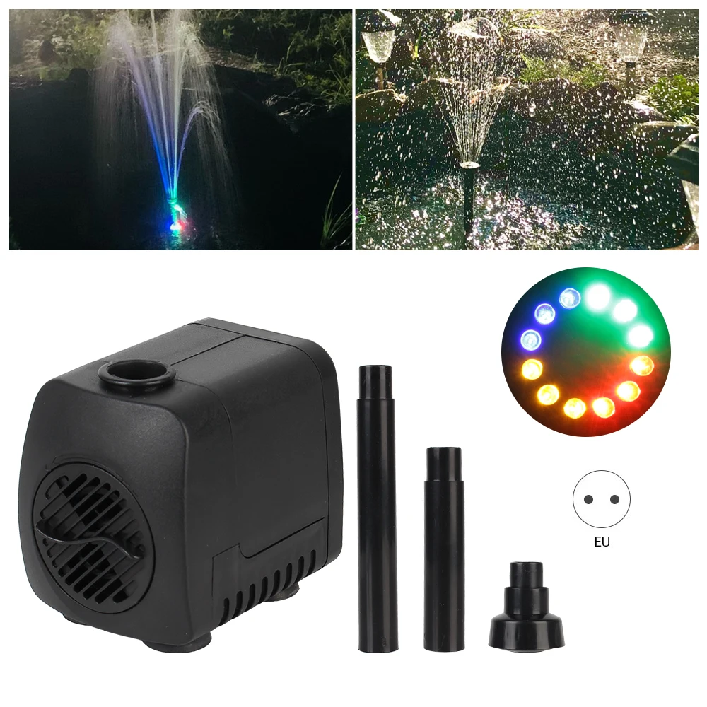 Garden Aquarium Fountain Waterproof Ultra-quiet Water Pump with Power Cord with 12 LED Light 15 W EU Plug Adjustable