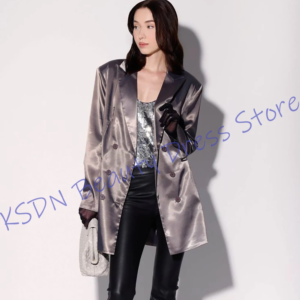

Современный женский серебристый атласный костюм: элегантный двубортный пиджак средней длины и брюки, комплект для офиса и вечеринок