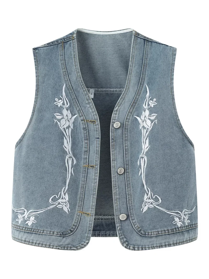 

Женский летний джинсовый жилет - кардиган с v-образным вырезом и вышивкой в китайском стиле в стиле ретро | Универсальный и молодежный топ W1965