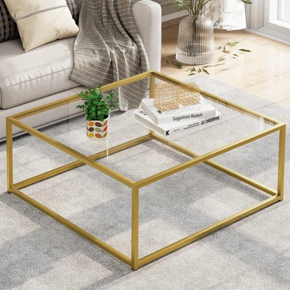 Modern Small Square Glass Coffee Table Gold Frame Clear Top Simple Design Easy Assembly Living Room Center Tea Table for