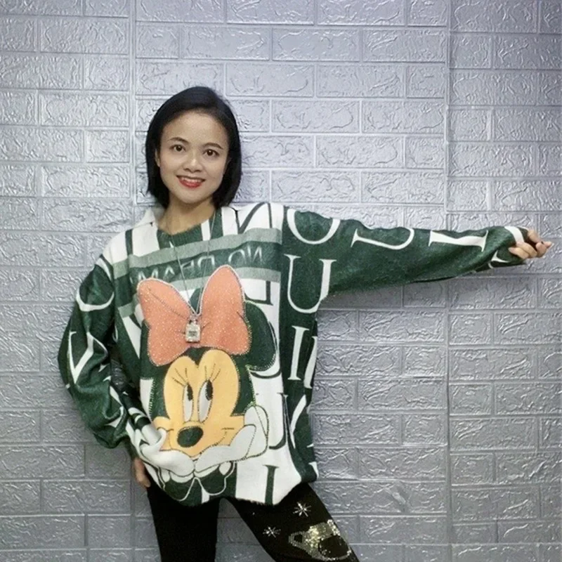 Disney Cartoon Sweaters for Women Retro Minnie Mouse Embroidery Knitted Clothes Winter Thick Coat Kawaii Oversize Clothing