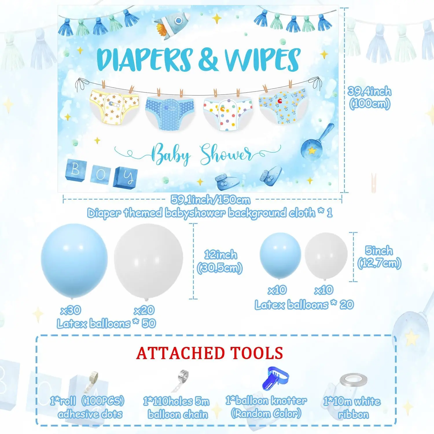 Joymemo Diapers and Wipes Theme  Party Decorations Blue and White Diaper Theme Banner for Boys Baby Shower Party Decor Supplies