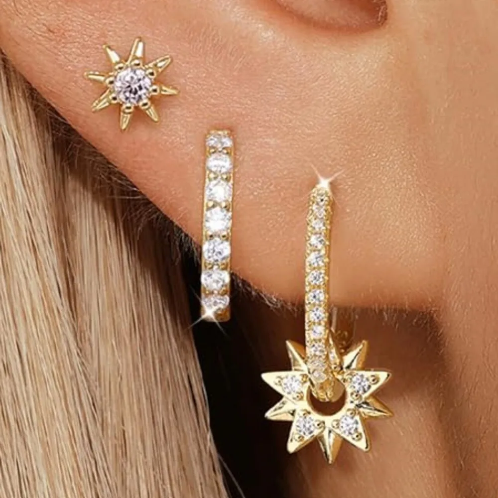 Hot Selling Fashion Versatile Octagonal Star Set With Zircon Elegant And Dignified Women's Earrings Three/Six Pieces Set