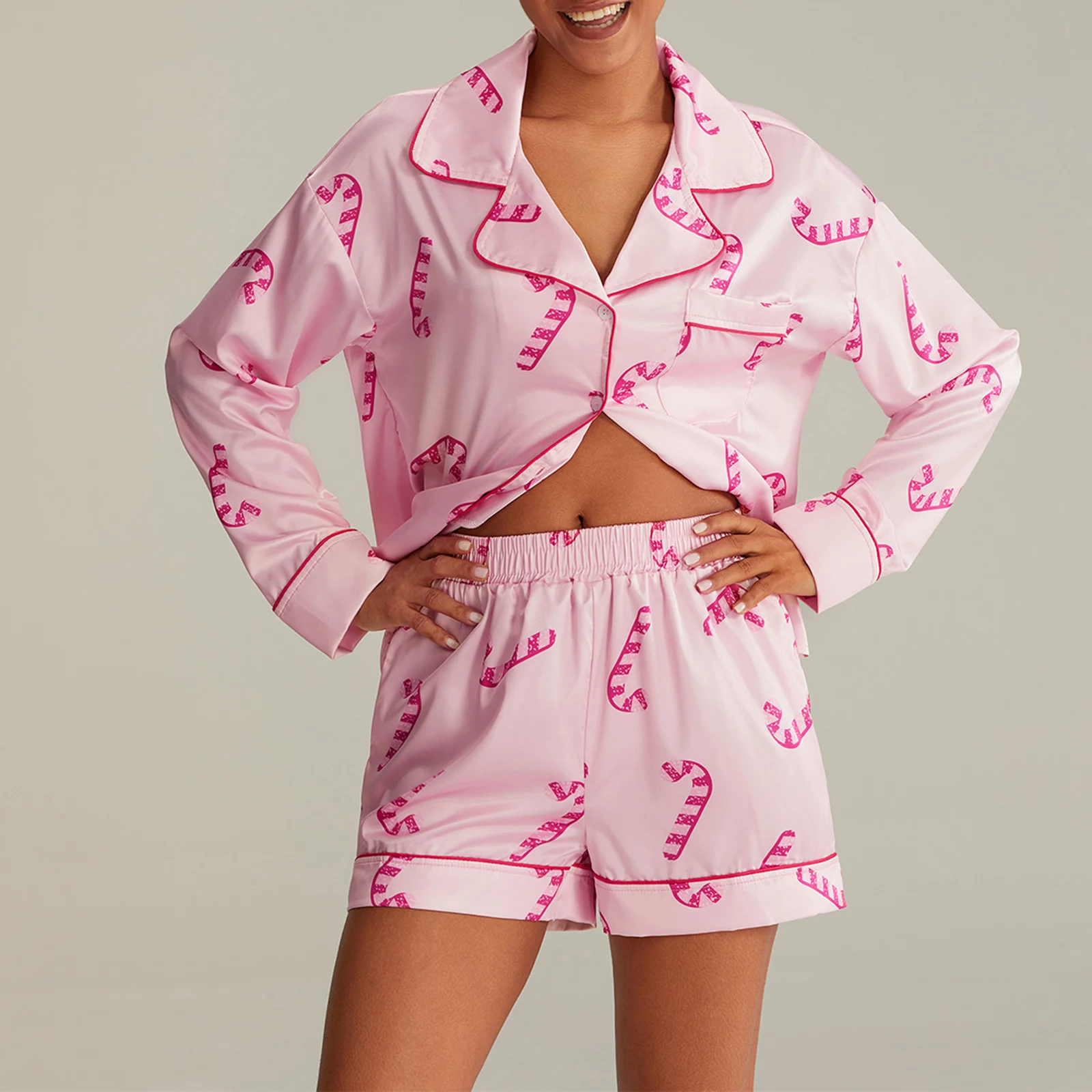 Women 2 Piece Pajama Set Dessert Print Long Sleeves Shirt and Elastic Shorts for Loungewear Soft Sleepwear