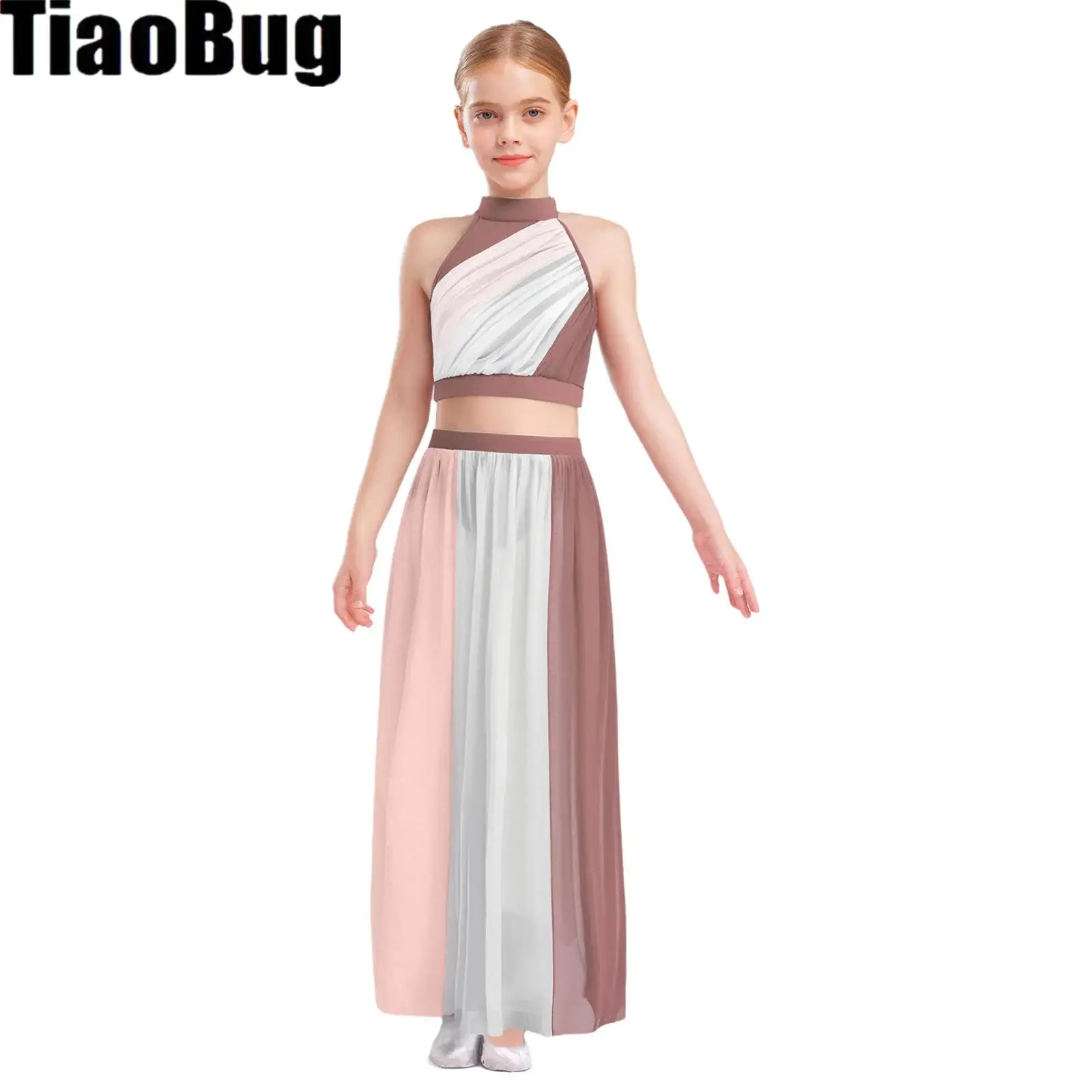 

Girls Lyrical Dance Set Modern Contemporary Costume Sleeveless Color Block Ruche Crop Top with Split Chiffon Skirt Ballet Outfit