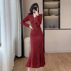 Winter Lace Mermaid Skirt Suit New Elegant Women V Neck Single Breasted Short Tops + Hollow Out Bodycon Midi Skirt Two Piece Set