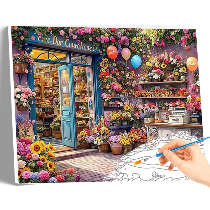 

GATYZTORY Acrylic Paint by Numbers Set for Adults Vintage Flower Shop Theme Beginner Friendly Handiwork Craft Kit for Home Decor