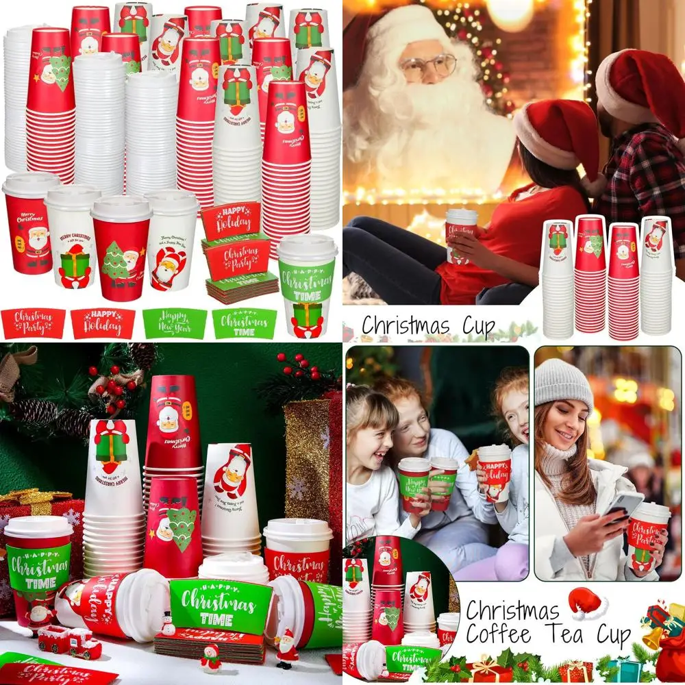 

4-Design 12 oz Christmas Paper Cups with Lids & Sleeves, Disposable for Holiday Parties