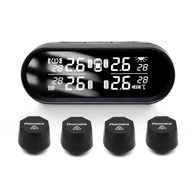 Promata Smart Solar TPMS - Car Tire Pressure Monitoring System with 6 Sensors, Temperature Alerts, & Wireless Display