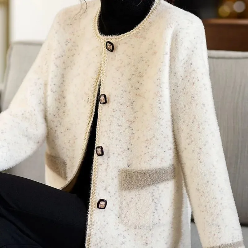 Solid Flocked Women's Button-down Long-sleeved Cardigan Round Neck Pockets Fashionable and Elegant Autumn and Winter Coat Tops