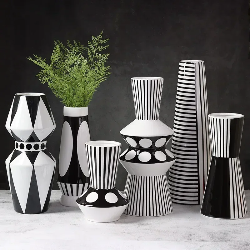 Ceramic Vase Scandinavian Geometric Vase Black and White Striped Bottle Modern Home Decoration Living Room Table Countertop Vase