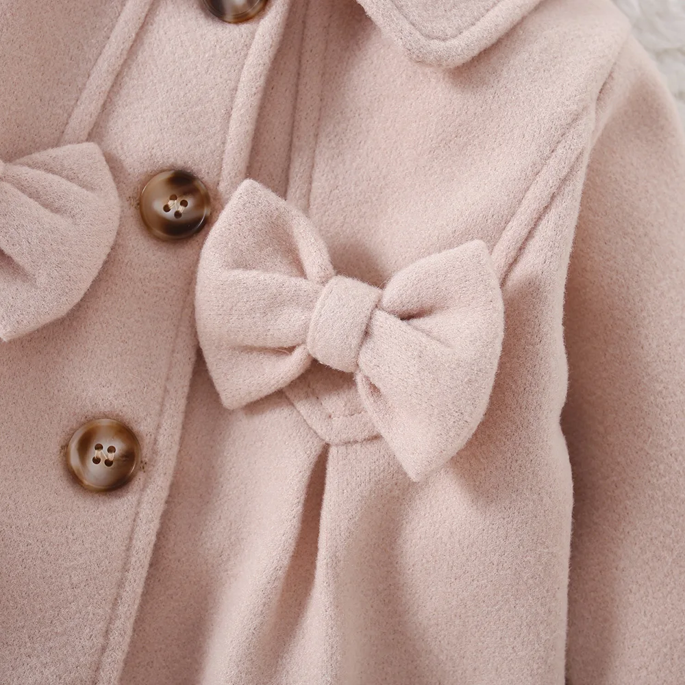 Spring And Autumn Bow Solid Color Baby Girl\'S Woolen Coat Casual Girl\'S Coat