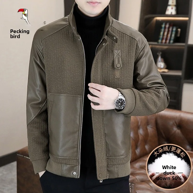 

Утепленная мужская кожаная куртка белого цвета с пуховым наполнителем, повседневная, универсальная, зимняя, теплая, на молнии, с воротником-стойкой