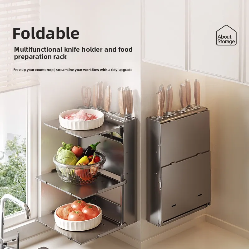 Foldable Wall Mounted Kitchen Preparation Rack Two Or Three Tier Carbon Steel Tray Organizer Hot Pot Ingredients Serving Plates