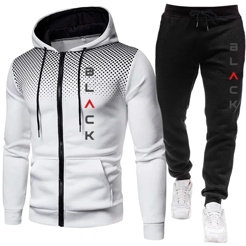 Black Letter Men's Set Zipper Hooded Outerwear and Sweatpants Autumn/winter Daily Casual Sports Jogger Suit Hoodies Sportswear