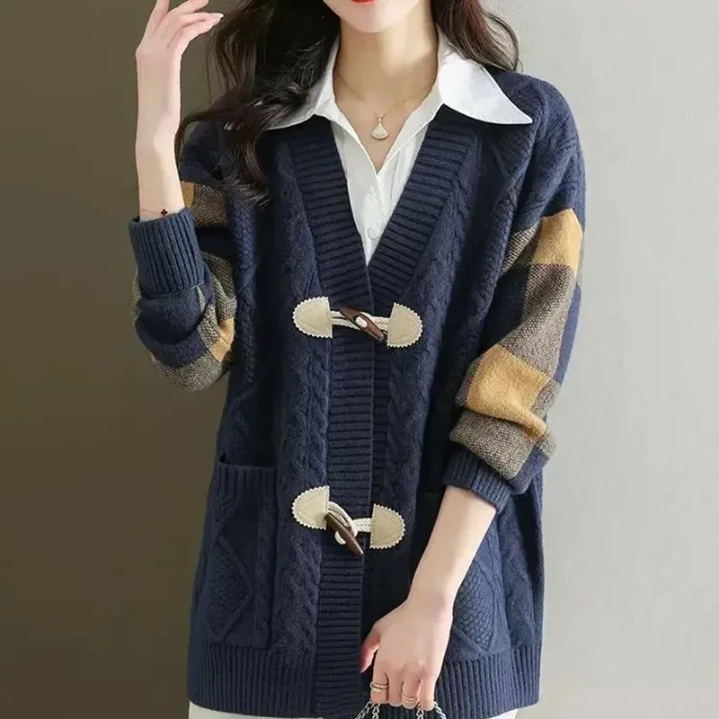 2024 New Fashion Mid-length Loose Knitted Sweater Coat Spring Autumn Horns Buckle Sweater Cardigan Jacket Women's Outwear