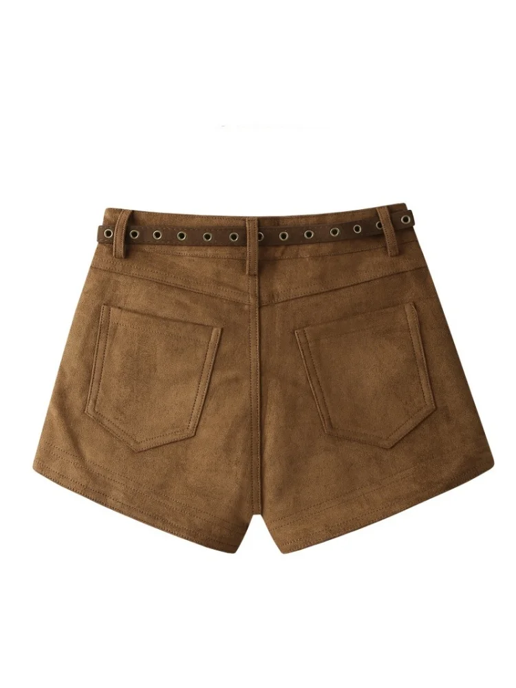 Celana Kulit Wanita Model A-Line High Waist Warna Cokelat Bahan Suede untuk Musim Gugur dan Musim Dingin, Cocok untuk Aktivitas Luar Ruangan