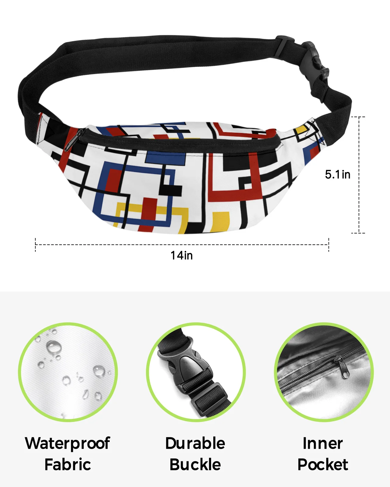 Nordic Retro Medieval Geometric Abstract Colorful Men Women Waist Bag Fanny Pack Belt Bag Wallet Waterproof Banana Hip Bags