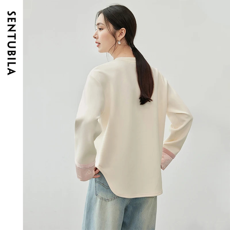 SENTUBILA Casual Cotton Knit Sweatshirt Women 2024 Autumn Chinese Style Patchwork Spliced Jacquard O Neck Pullovers 143A56435