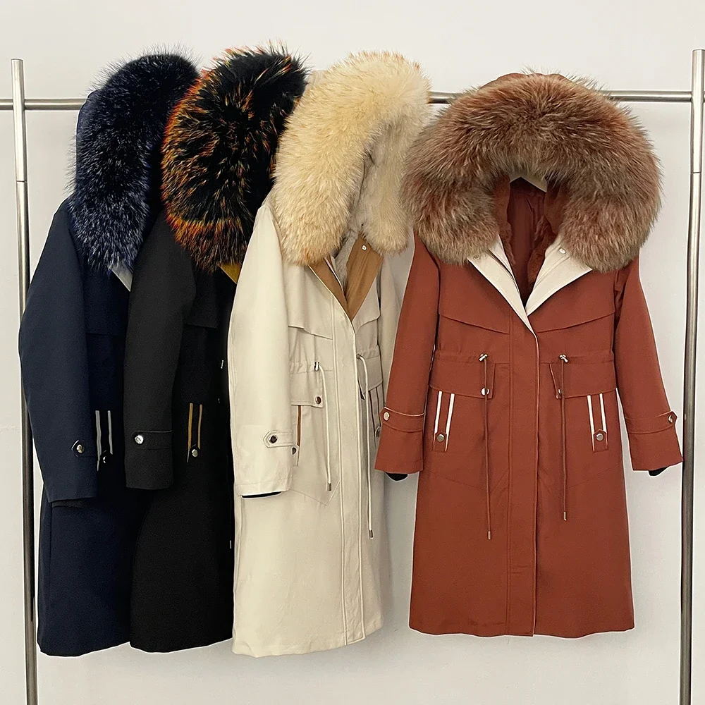 Femmes naturel fourrure de lapin intérieur manteau de fourrure chaud mode nouveau à capuche vraie fourrure de renard imperméable coupe-vent épais Parker longue Parka veste