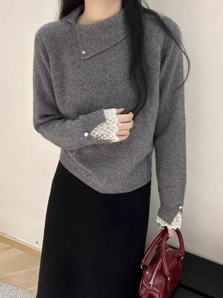 

Korobov Autumn Korean Casual Loose Lrregular Long Sleeve Solid Lace Patchwork Knitted Pullover