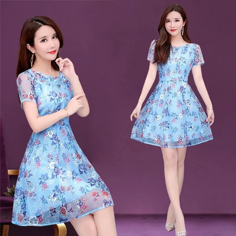 

Mesh Floral O-neck Dress Short Sleeve Womens Clothing Summer New Elegant Fashion Slim High Waist Dresses Female Print Mini Skirt