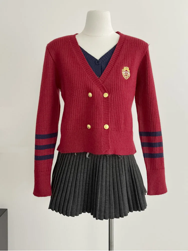

Knitted Cardigan Women 2025 Autumn Winter Double Buttons V Neck Korean Style Casual Cardigans Sweaters Two-Piece Sweater Tops