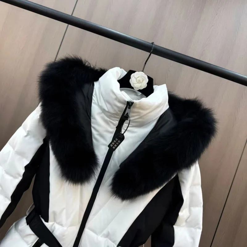 [ZOCI] Winter Hooded Fur Design Black White Contrast Belt Waist Ski Down Jacket Trendy