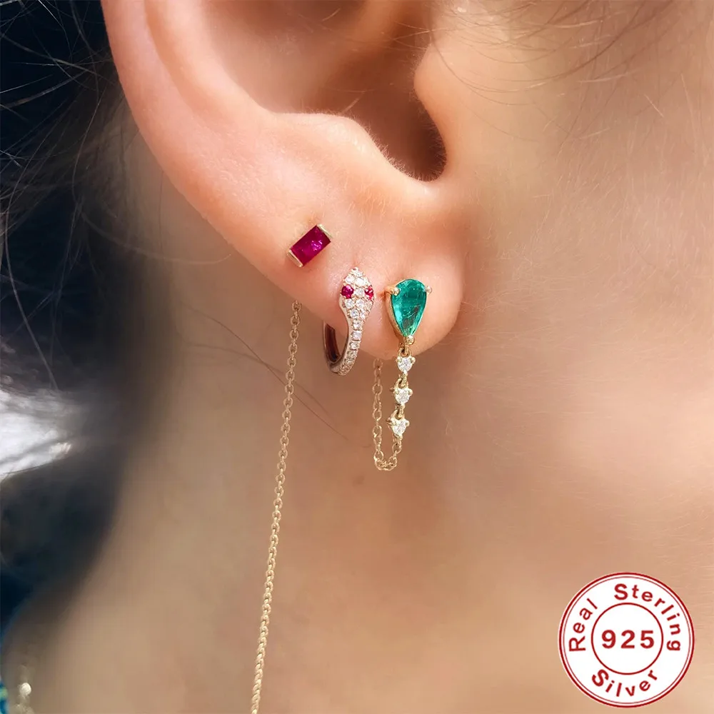 Drop Earring European and American Fashion Ins Style 925 Sterling Silver Colorful Water Drop Zircon Tassel Chain Earrings