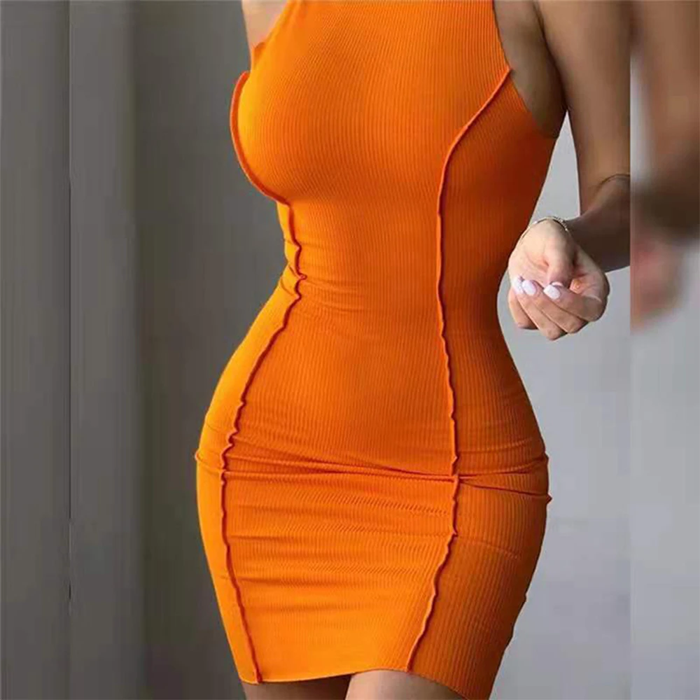 Sexy Dresses For Women Summer Vestidos Fashion New Sleeveless O-neck Keyhole Back Textured Mini Skinny Solid Color Dress