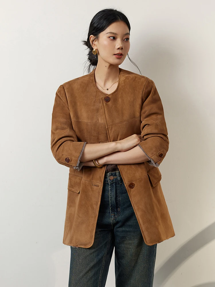 Abrigos de piel de oveja auténtica de lujo de alta gama para mujer, chaqueta de ante de invierno de piel auténtica con cuello redondo y una hilera de botones