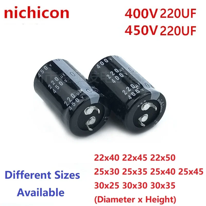 

2Pcs/Lot Nichicon 220uF 400V 220uF 450V 400v220uf 450V220UF 22X40/45/50 25X30/35/40/45 30x25/30/35 Snap-in Capacitor