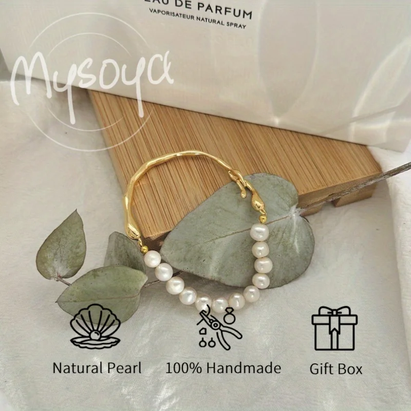 MYSOYA pulsera de perlas de agua dulce blancas naturales de 7-8mm para mujeres y hombres con caja de regalo regalo de joyería de aniversario de boda de cumpleaños